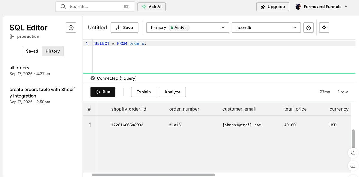Confirmed order record from the Shopify webhook