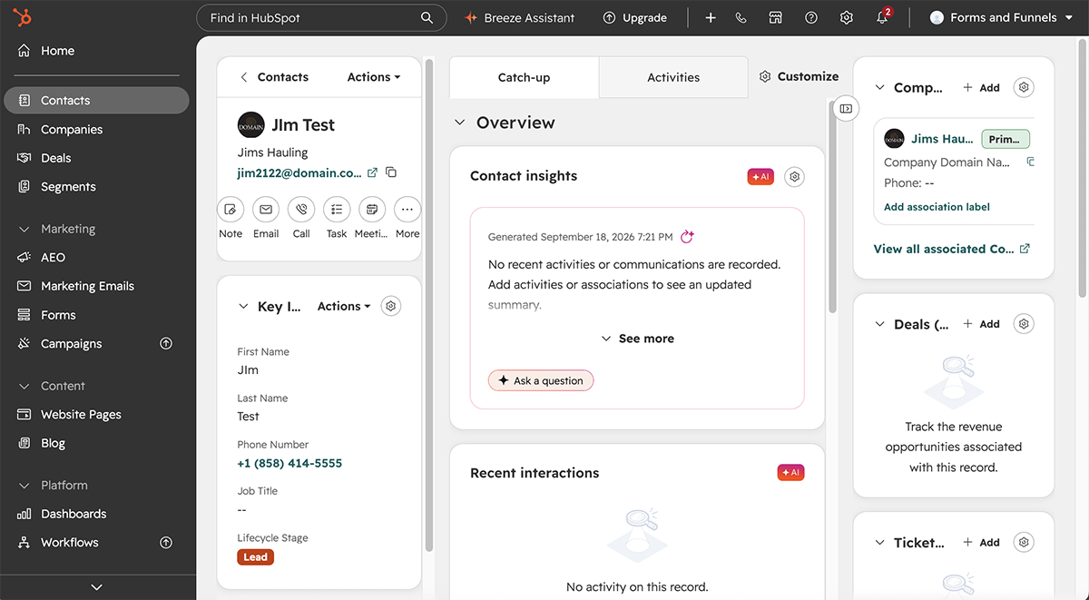 HubSpot Contact record created from a demo-request submission