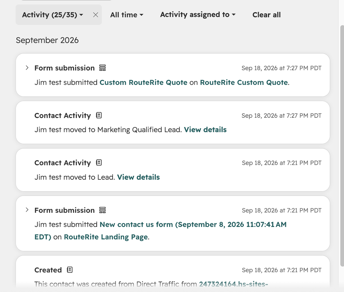 HubSpot property history showing the existing Contact record was updated, not duplicated