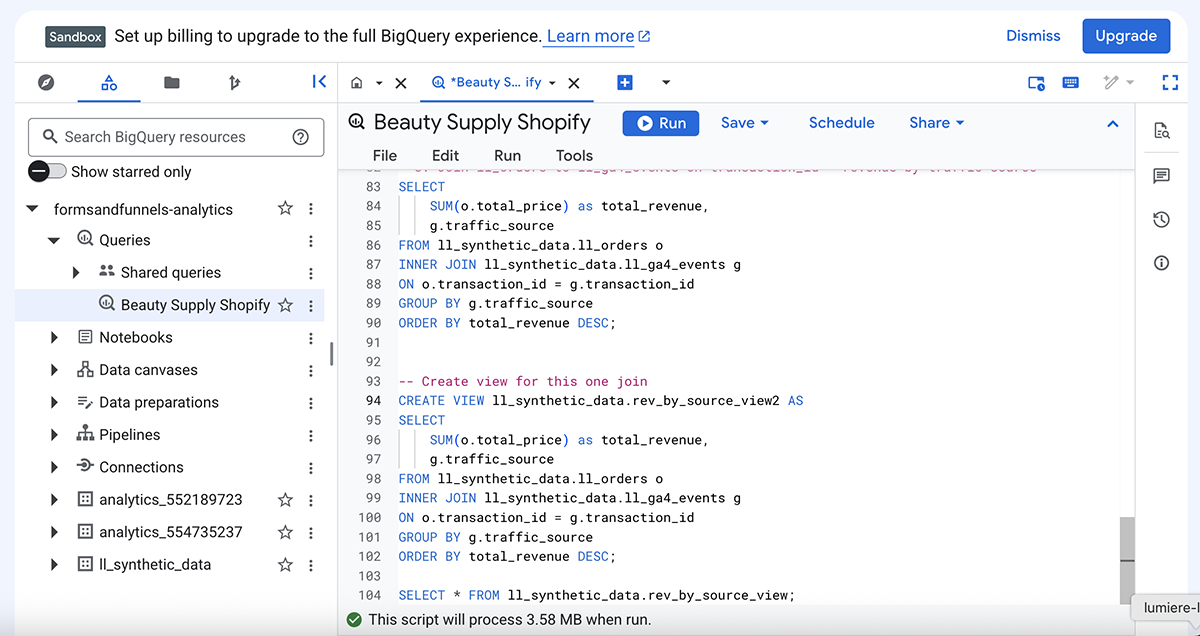 BigQuery SQL editor with a join query across orders and GA4 events